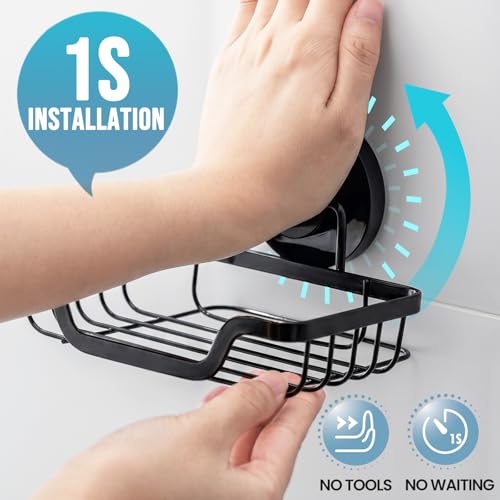 Image of TAILI Soap Dish, Bar Soap Holder Suction Cup, Stainless Steel Sponge Holder | Soap Dish for Shower Wall, Self-Draining Soap Holder Shower for Bathroom & Kitchen, Black