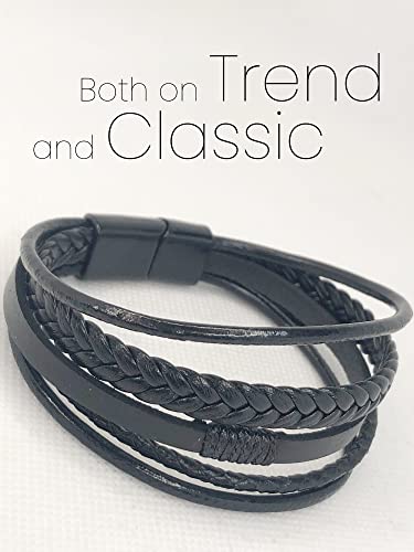 Genuine Leather Bracelets for Men Women Teens | New 5 Bands Multi-Layer Woven Braided Black Bracelet with Magnetic Buckle Clasp - Image 3