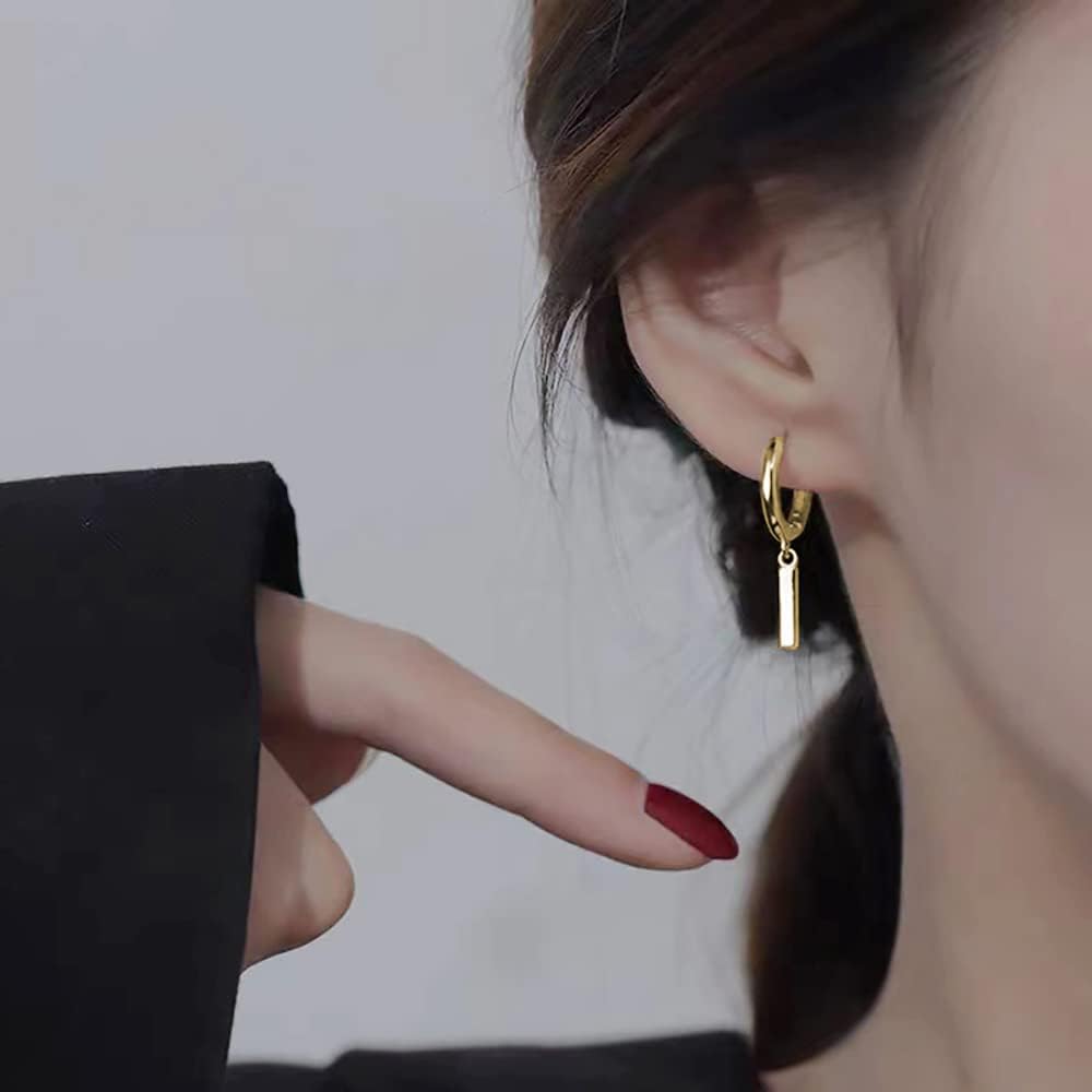 Reffeer Solid 925 Sterling Silver Bar Drop Hoop Earrings for Women Teen Girls Minimalist Bar Hoop Earrings Huggie