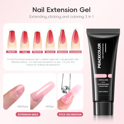 PEACECOLOR Poly Nagelgel Set mit UV Nagellampe, 6 Farben Pink Weiß Glitzer Nagelverlängerungsgel Matt Glitzer Top Base Coat Gel Basis Decklack Slip Solution Maniküre-Zubehör für Anfänger