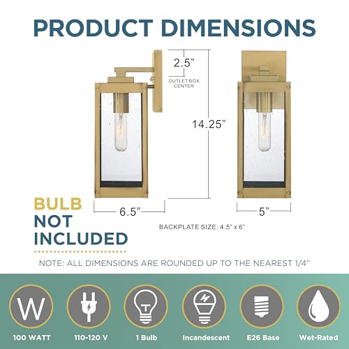 Image of Quoizel Westover 14.25 inch Outdoor Wall Lantern, Antique Brass | 1-Light, Clear Seeded Glass, Outdoor Wall Light, Modern Industrial