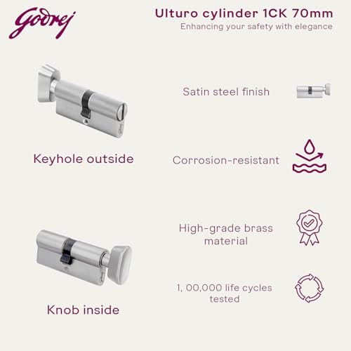 Image of Godrej Cylinder | Europrofile Ulturo XL+ | 1CK 70mm | Satin Steel Finish | Door Thickness Upto 50mm | 4 Keys
