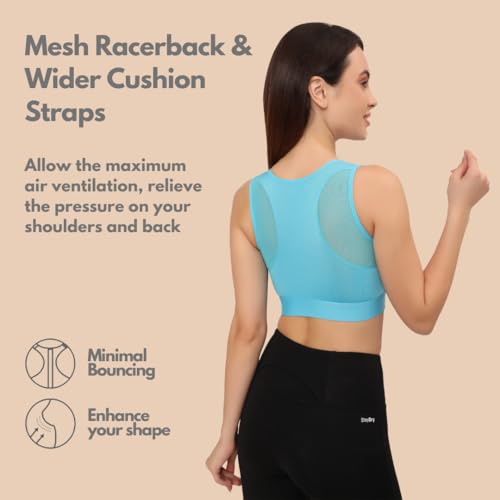 Image of GLAMORAS Women's Wirefree Full Coverage Sports Bra Medium Impact Mesh Racerback Design with Front Zip, Removable Pads Ideal for Gym, Yoga, Fitness Workouts