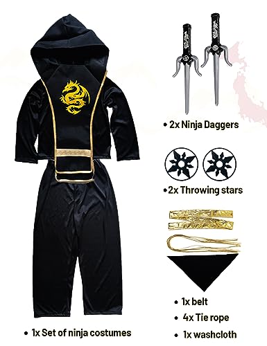 Nabobs Kids Ninja Costume - Dragon Ninja Set with Plastic Toy Accessories for Halloween Boys Girls Cosplay