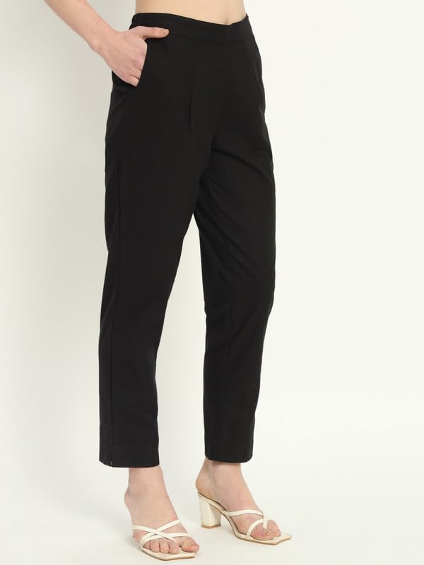 Image of Women's Solid Straight Fit 100% Cotton Trousers | High Waist, Side Pockets, Ankle Length Pants for Office, Casual