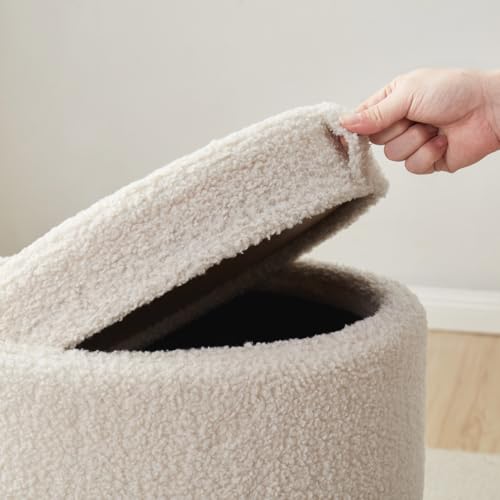 Ornavo Home Lawrence Round Boucle Storage Ottoman with Lift Off Lid and Tray Lid Coffee Table, Ottoman with Storage for Living Room, Bedroom and Office, Boucle White