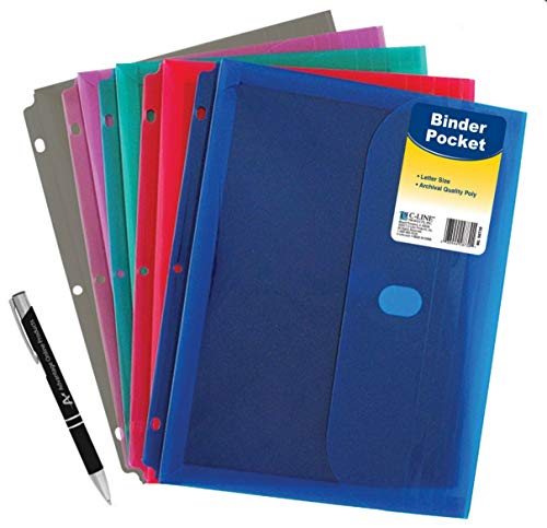 5 Pack Poly Binder Pocket With Hook And Loop Closure, 1-Inch Gusset, Letter Size, Assorted Colors (58730) With Custom Advantage Retractable Chrome And Black Pen #TOP1