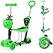 YOLEO 5-in-1 Kinder Roller Scooter mit Abnehmbarer Karikaturkorb Sitz Schubstange LED große Räder Bequeme Rückenlehne Höheverstellbare Lenker für Kleinkinder Jungen Mädchen ab 2 Jahre (Grün)