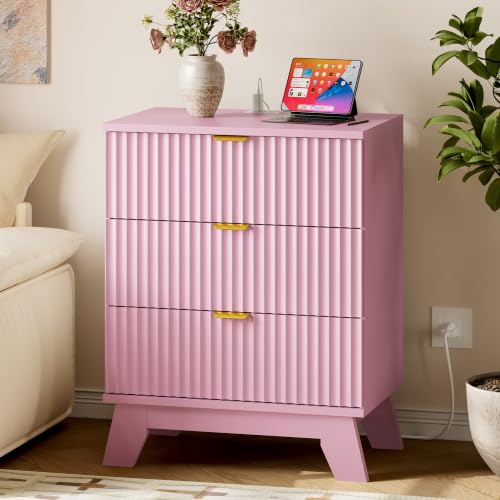 Image of BORNOON 30.5 inch Nightstand with Charging Station, 3-Drawer Fluted Bedroom Chest, Wood Bedside Dresser with Power Outlets and USB Ports, Metal Slides, Stable Base, Modern Storage Cabinet for Small Spaces