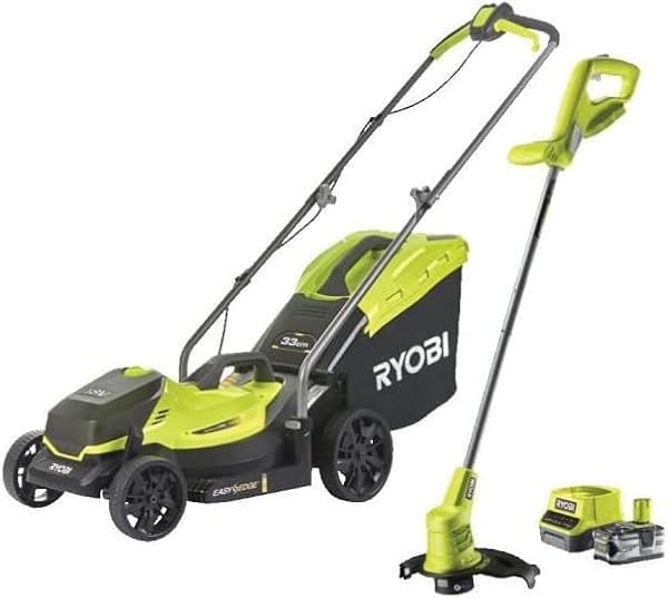 Tondeuse poussée RYOBI 18V One+ batterie 4.0Ah, coupe 33 cm, bac 35L, coupe-bordures offert