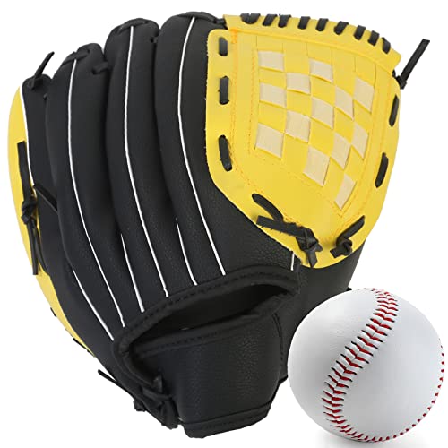 Baseball Glove,Baseball Softball Mitt with Ball for Kids Youth Adults Training and Beginner,Right Hand Throw,Left Hand Glove (Yellow, 10.5in)