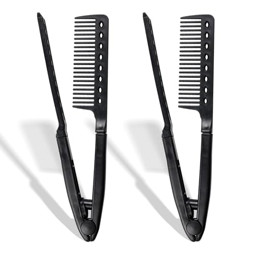 Hair Straightening Comb Heat-Safe Tangle-Free V-Shaped Styling Tool for Flat Irons & Curling Wands Travel-Ready (Black Plastic Dry Hair 2-Pack)