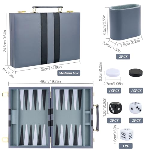 Klassisches Backgammon-Set für 2 Spieler - Brettspiel für Erwachsene Mit Kunstlederkoffer - Tragbar und Reisefreundlich (Grau, 15 Zoll)