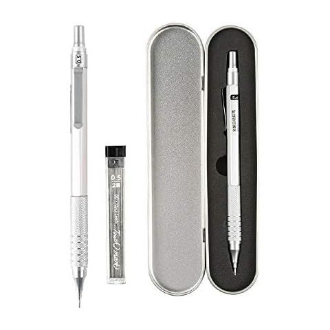 Shulaner Mechanical Pencil 0.5mm Metal Silver Propelling Pencil with Rubber, Silver Cover