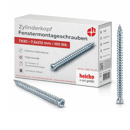 Fensterrahmenschraube/Montageschraube mit Senkkopf, verzinkt blau, TX30-Antrieb, verschiedene Abmessungen (Zylinderkopf, 7.5x212 mm)