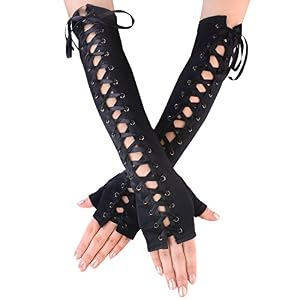 JISEN Fingerlose Handschuhe für Damen, Ellenbogen-Schnürung, Steampunk-Kostüm, Armwärmer