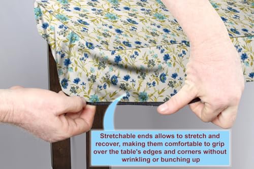 Image of The Furnishing Tree Elastic Cotton Square Dining Table Cover 44x44 in Inches Floral Blue Leaf on offwhite Base