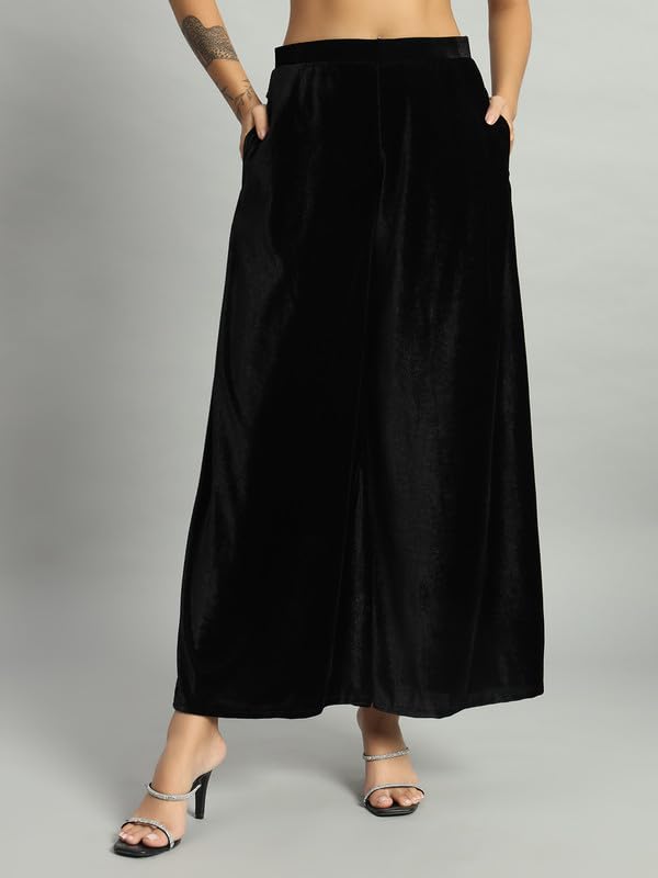 Image of Vaararo Party Trousers for Women | Shiny Velvet Fabric Wide Bottoms Stylish Palazzo Pants