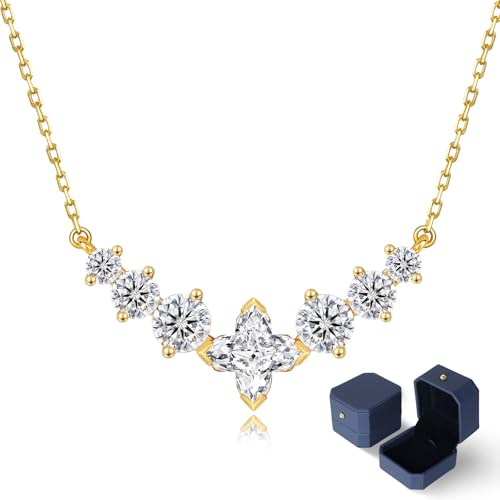 Image of Moissanite Pendant Necklace for Women - 1.7 2.8 5CT Multi-stone Lab Created Diamond Necklace 925 Sterling Silver, White Gold Jewellery Gift for Her Wife Mum (Four-Leaf Clover-14K Gold, 2.8 Carats)