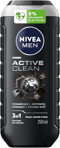 NIVEA MEN Active Clean Gel de Ducha con pH neutro para la piel para hombres con fragancia estimulante, fórmula con carbón activo para cuerpo, cara y cabello (250 ml)