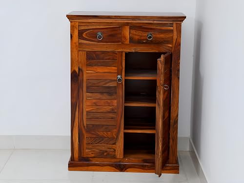 Image of Solid Sheesham Wood Multipurpose Shoe Rack | Cabinet for Living Room | Bedroom | Hall | Entryway | Home Furniture (Honey Finish)