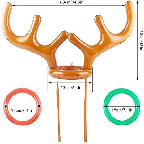 2PCS Christmas Party Toss Game Inflatable Reindeer Antler Hat with Rings for Kids Adults Family Xmas Fun Games(1 Pump,8 Rings, 2 Antlers)