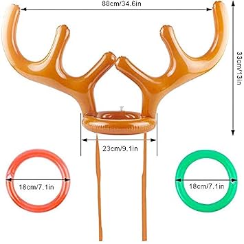 2PCS Christmas Party Toss Game Inflatable Reindeer Antler Hat with Rings for Kids Adults Family Xmas Fun Games(1 Pump,8 Rings, 2 Antlers)