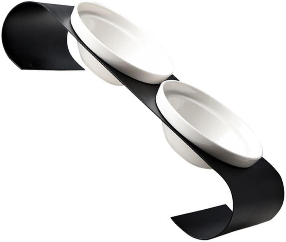 BESPORTBLE Ceramic Elevated Cat Bowl with Iron Bracket Double Bowl Design for Food and Water Easy to Pet Feeder for Cats and Dogs Black and White