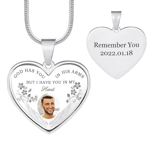 INBLUE Personalized Photo Memorial Necklace for Women Engraved Picture/Text 925 Sterling Silver Necklace Custom Rectangle/Heart Memory Necklaces with Picture Inside for Loss Loved Ones