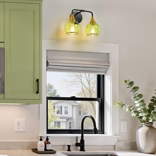 Image of Black and Gold Bathroom Vanity Light 2-Lights Bathroom Light Fixtures Over Mirror with Green Clear Glass Shade 14 inch Wall Sconce Lighting Bath(Exclude E26 Bulb)