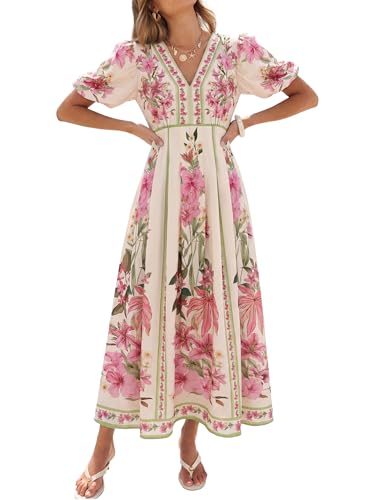 Caracilia Women’s Floral Maxi Dress,Spring Wedding Guest Formal Party,V Neck Puff Sleeve Full Lined,Summer Casual Dresses Floral Green Pink Medium