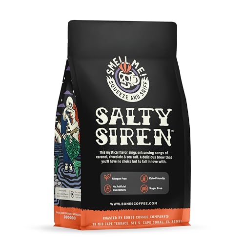 Bones Coffee Company Salty Siren, Sea Salted Caramel Chocolate Flavored Coffee, Medium Roast Low Acid Arabica Beans Compatible with Auto drip and French Press Coffee Maker, 12 Oz Ground
