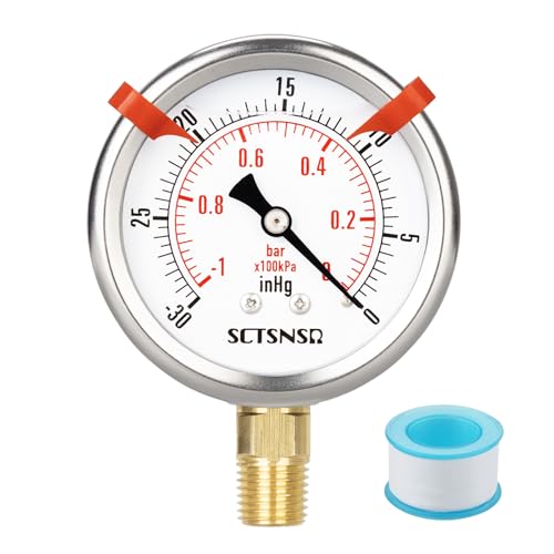 -30 inhg to 0 vacuum pressure gauge glycerin liquid filled 25 inch dial 1434 npt lower mount stainless steel case for air conditioning line tank air pump hvac pipe pressure test