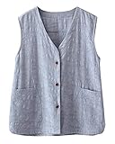 SCOFEEL Women's Cotton Linen Vest V-Neck Button Down Jacquard Sleeveless Blazer Jacket M-XXL Grey