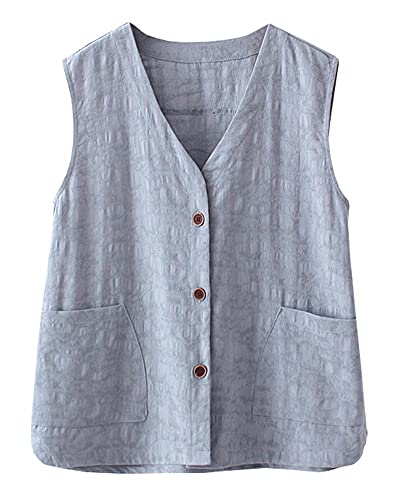 SCOFEEL Women s Cotton Linen Vest V-Neck Button Down Jacquard Sleeveless Blazer Jacket M-XXL Grey