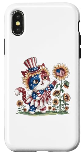 Carcasa para iPhone X/XS Feliz 4 de julio lindo gato gatito dueño amante animal bandera de Estados Unidos