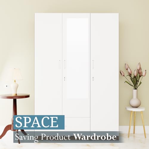 Image of VIKI Wardrobe |Wooden Almirah for 3 Door Wardrobe with 1 Drawer & Hanging Space with Mirror (Walnut |White - 40D x 120W x 180.8H) | 1 Year Warranty | Free Assembly
