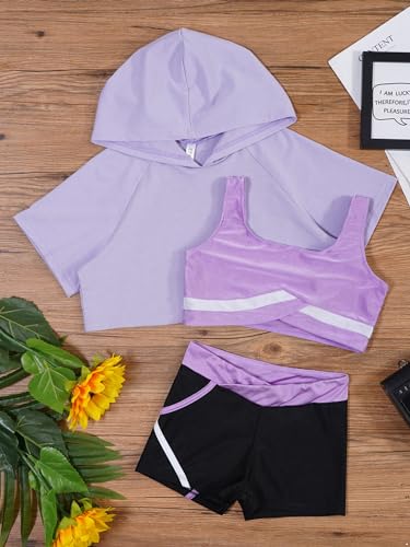 YiZYiF Kids Girls 3pcs Dance Gymnastic Outfit Athletic Tracksuit Short Hooded with Tank Top Active Shorts Set3