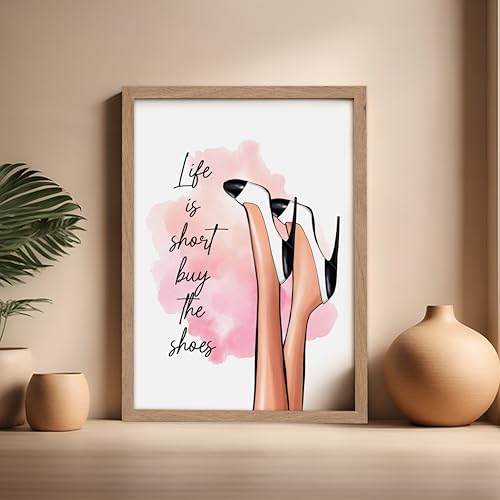 Image of Poster Master Life is Short Buy The Shoes Poster - Fashion Print - Trendy Art - Modern Art - Gift for Her & Fashionista - Luxury Haute Couture Decor for Bedroom or Girls Room, 16x20 Beige Framed