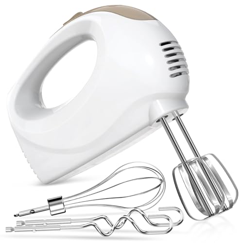 Hand Mixer - 5 Speed Portable Kitchen Mixer Electric Handheld with 5 Stainless Steel Accessories Whisk, Food Beater, ‌Ivory