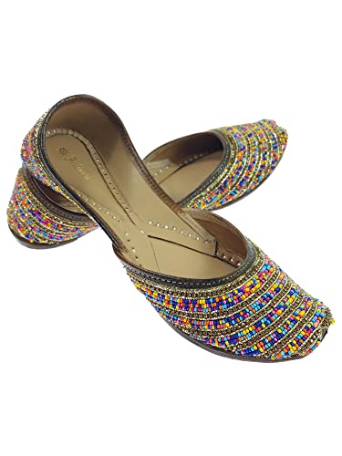 Women's Colors Beads Genuine Soft Leather Juttis | Bite and Pinch Free Jutis | Ladies Punjabi Jutti | Wedding Flat Stylish Mojari | Bridal Ethnic Flats For Girls |