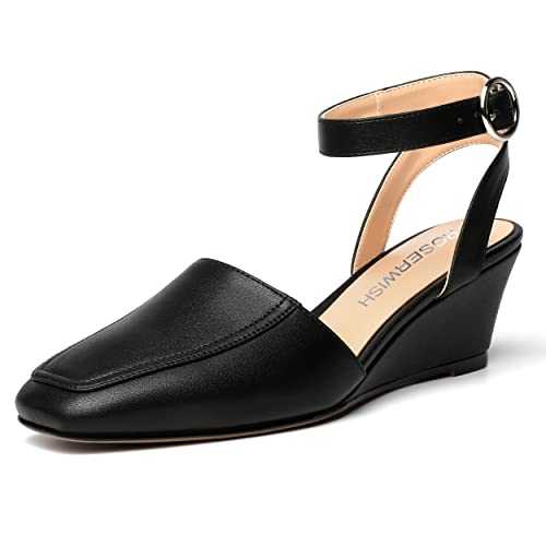 ROSERWISH Womens Casual Square Toe Ankle Strap Matte Fashion Buckle Dating Wedge Low Heel Pumps Shoes 2 Inch