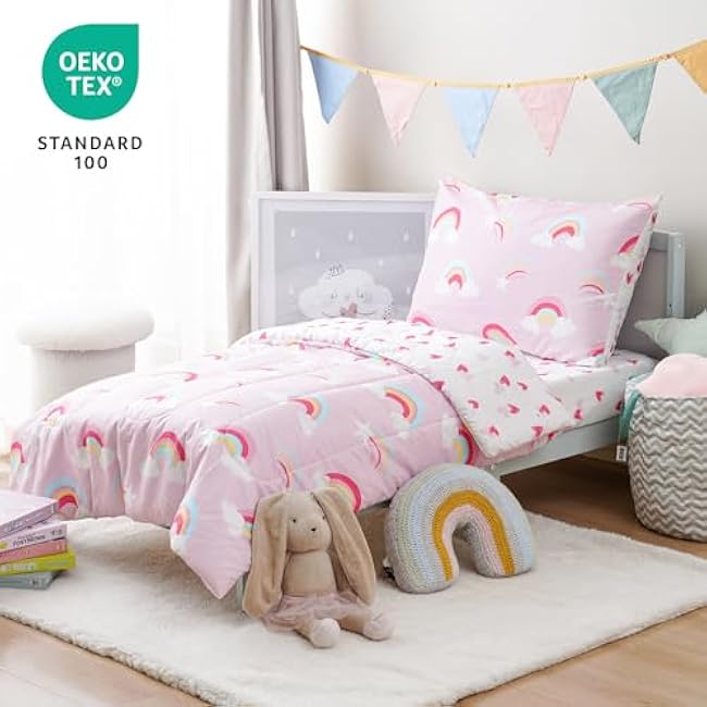 david's kids 4 Piece Toddler Bedding Set - Soft Breathable Toddler Bedding Set for Girls, Includes Quilted Comforter, Flat Sheet, Fitted Sheet and Pillowcase, Rainbow