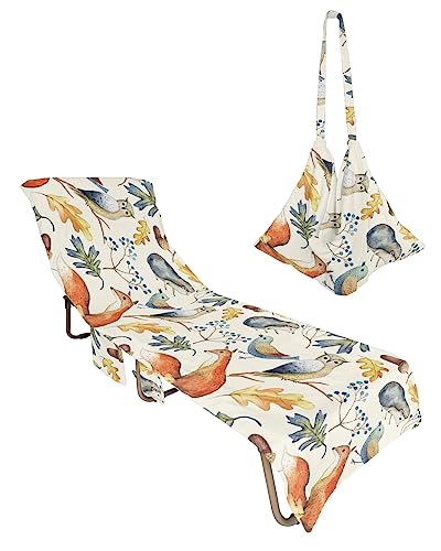 Fall, Beach Lounge Chair Towel Cover, Soft Chaise Lounge Towel with Side Pockets Patio Pool Chairs Cover for Beach/Pool Sunbathing 29x85 Leaves Flowers Cartoon Owl Fox Harvest Festival Acorn