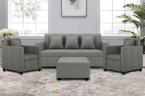 Image of 3+1+1 Seater Sofa Set with Ottoman - Modern Velvet Fabric Sofa Set for Living Room, Deep Seating Comfort - Grey