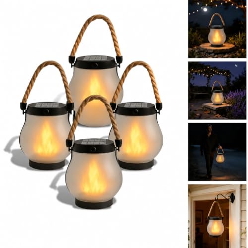 kaliqo Solar Lantern Outdoor Lights Realistic Dancing Flame Effect Solar Powered Lanterns for Camping 100% Waterproof Hemp Rope Flame for Patio Garden Decor (4 PCS)