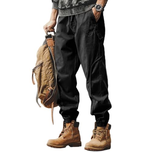 Baggy Jeans Men Outdoor Hiking Relaxed Fit Denim Jogger Travel Streetwear Sweatpants with Elastic Drawstring