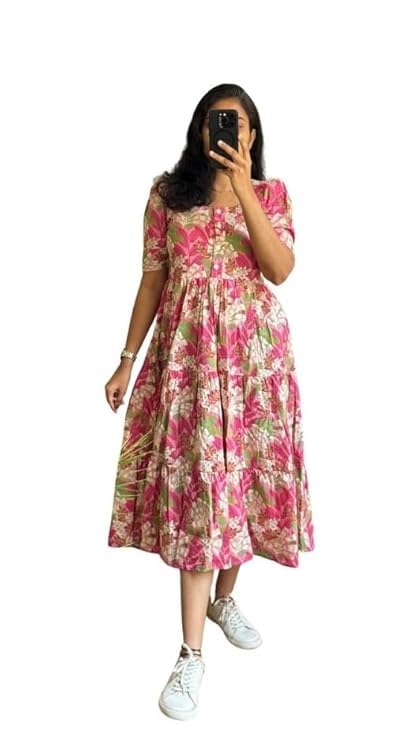 Image of Women's Pure Cotton Maxi Midi Dress Western Dress for Women Elegant Floral Printed Long Dresses | Soft & Breathable Fabric | Casual Trending Dress for Women
