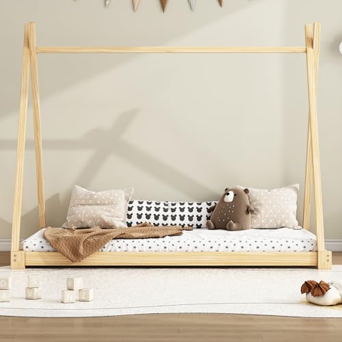 Einzelbett 90 * 200 cm, Bodenbett mit Liegefläche, Bett in Zeltform mit Lattenrost, Montessori-Bett, für Jungen und Mädchen (Bett aus Holz Natur)