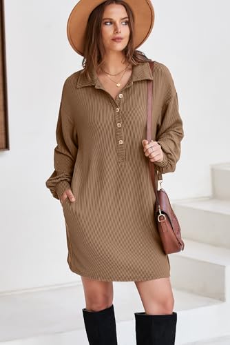 AlvaQ Womens Long Sleeve Dress Loose Button Front Lapel Collared Ribbed Knit Mini Dresses with Pockets3